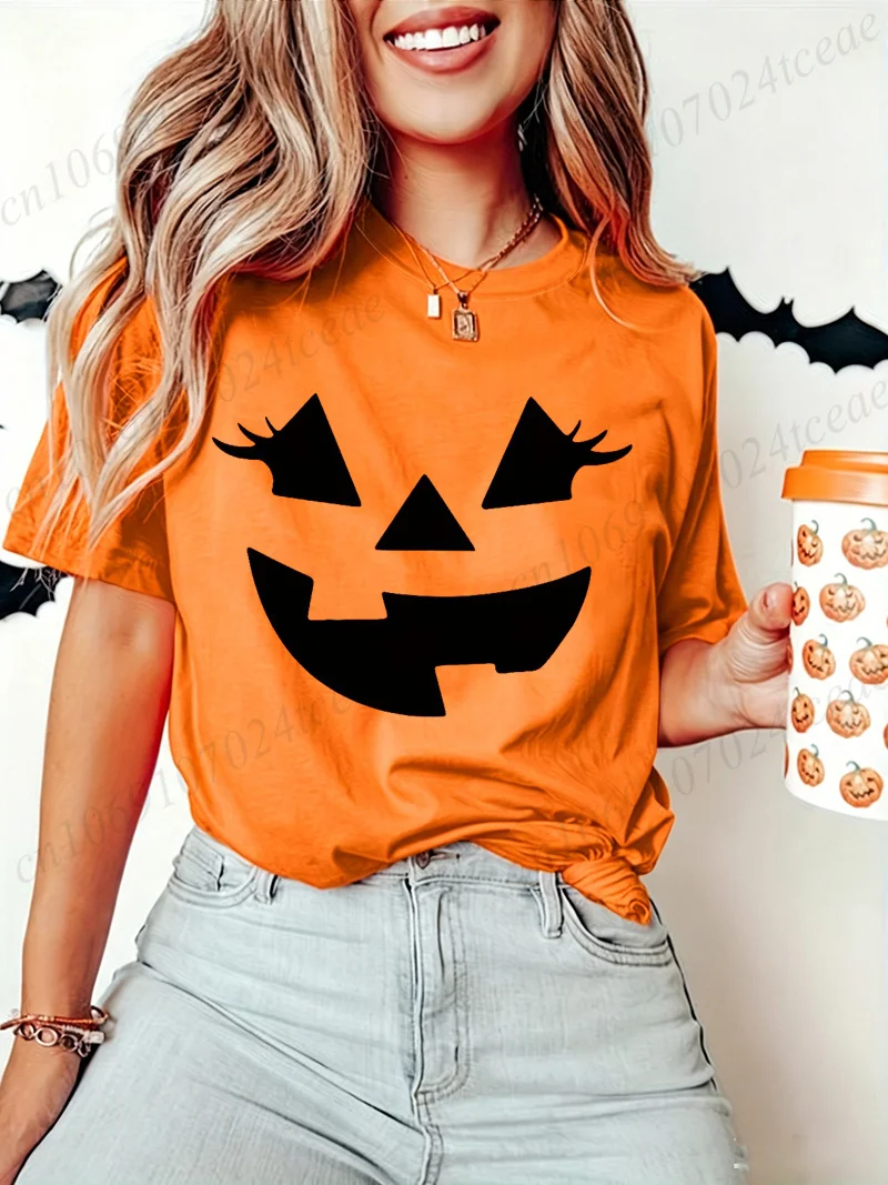 Lustiges Böses Kürbisgesicht Halloween Damen T-Shirts Lustiges Gruseliges Saison-T-Shirt Damenbekleidung Kurzarm-Oberteile Modisches Grafik-Shirt