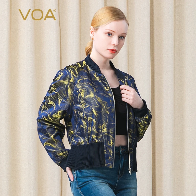 VOA-원사 염색 자카드 실크 긴 소매 미국 복고풍 코트 여성용, 스탠드 칼라 패션 야구 유니폼 캐주얼 재킷 WE86