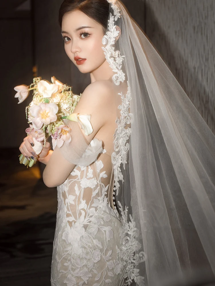 Long Cathedral Length Bridal Veils Appliques Stock Wedding Veils Wedding Accessories