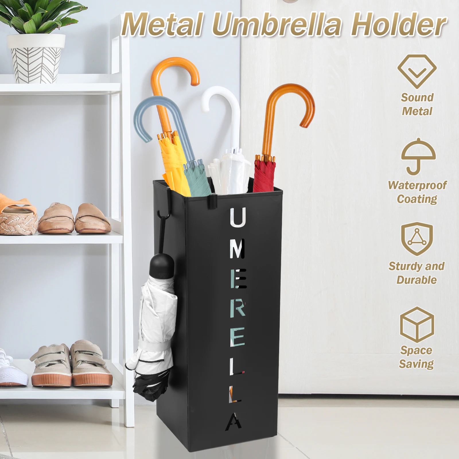 Metal Umbrella Stand Freestanding Square Mesh Umbrella Holder Decorative Bin for Home Entryway Office Hotel Supermarket