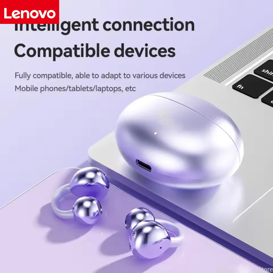 Lenovo Wireless Bone Conduction HIFI Bluetooth 5.4 Earbuds Clip on Ear with Digital Display Waterproof Sport Headsets with Mic