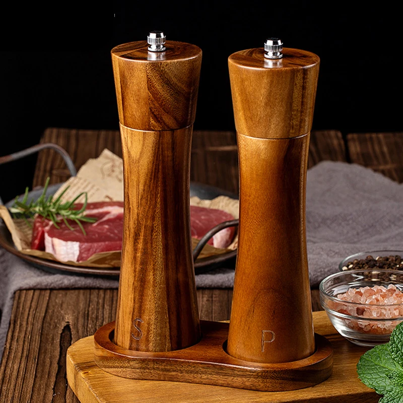 Salt and Pepper Grinder Set with Wood Tray - 2 Pack Wooden Salt and Pepper  Mill Sets with Adjustable Coarseness - Refillable Manual Pepper Mill