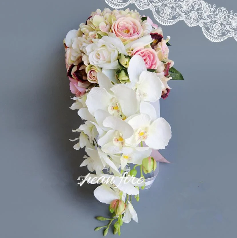 Royal White Wedding Bouquet Waterfall Artificial Flowers White Bridal Pearl Bride Bouquet Fleur Mariage