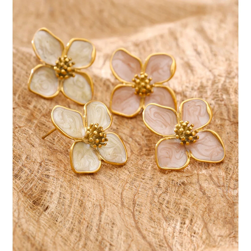 Yhpup Earrings Stainless Steel Enamel Flower Waterproof for Women 16K Golden