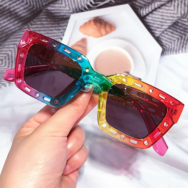 1pc Men's Square Rainbow Color Frame Sunglasses Suitable For Daily