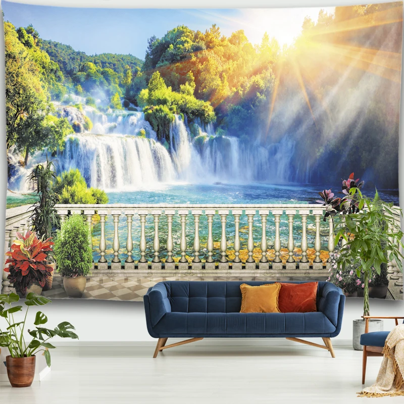 Wasserfall Wohnkultur Geländer Balkon Landschaft Wandteppich Wohnzimmer Schlafzimmer Schlafsaal Wald Fluss Meer Wandbehang Wandteppich – Detail 8