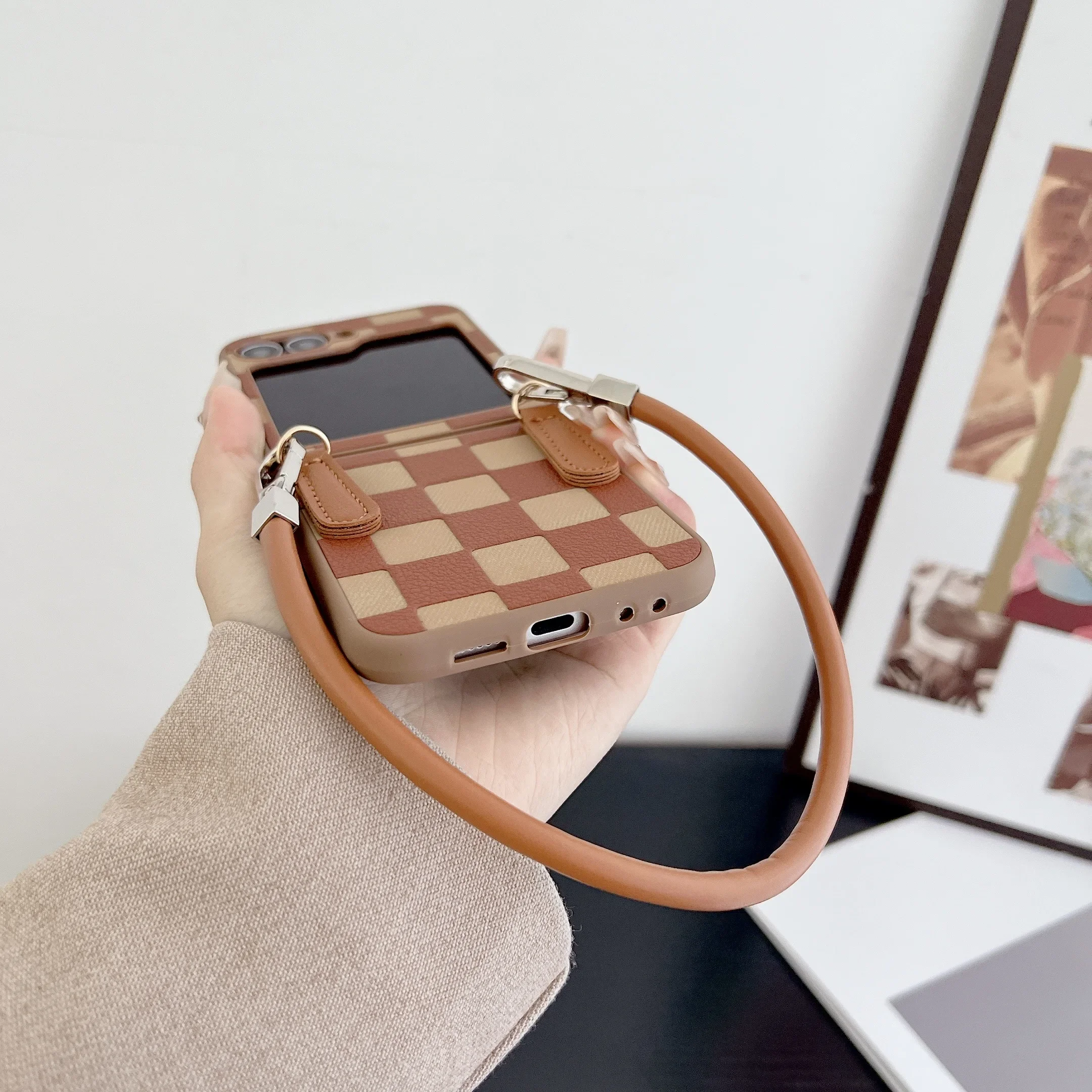 Plaid PU Leather Wrist Strap Shockproof Phone Case