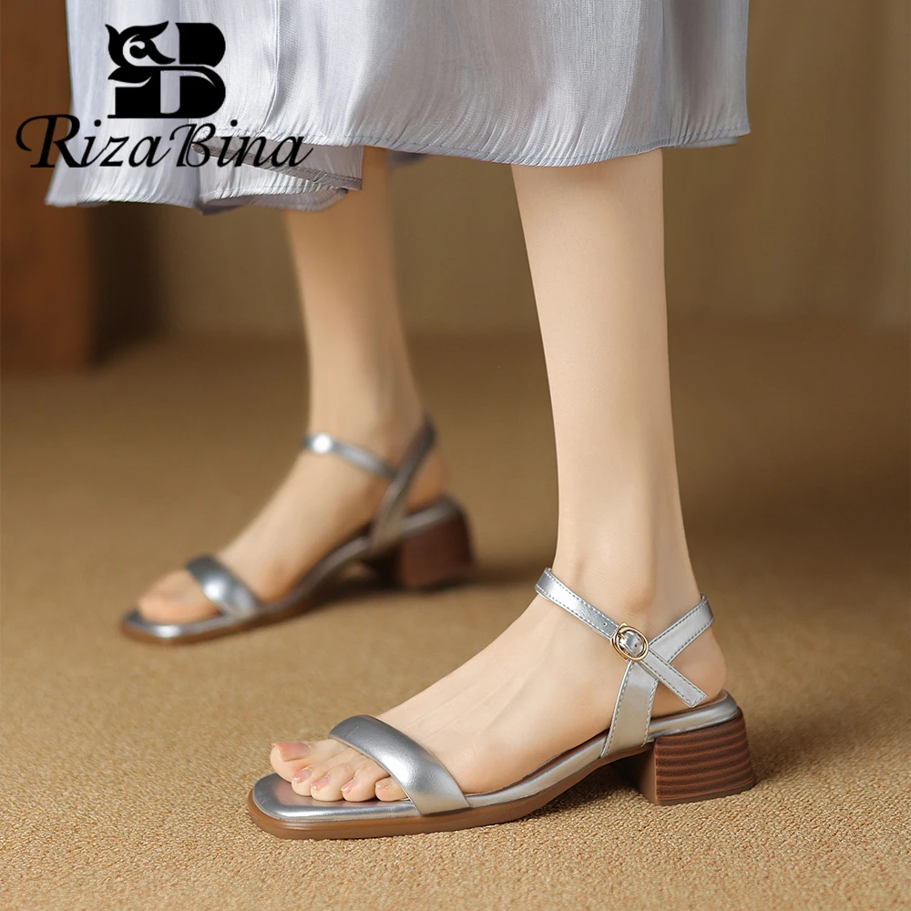 

RIZABINA Plus Size 36-43 Elegant Women Flat Sandals Suqare Toe Thick Heel Summer Daily Shoes Ladies Buckle Strap Slingback Shoes