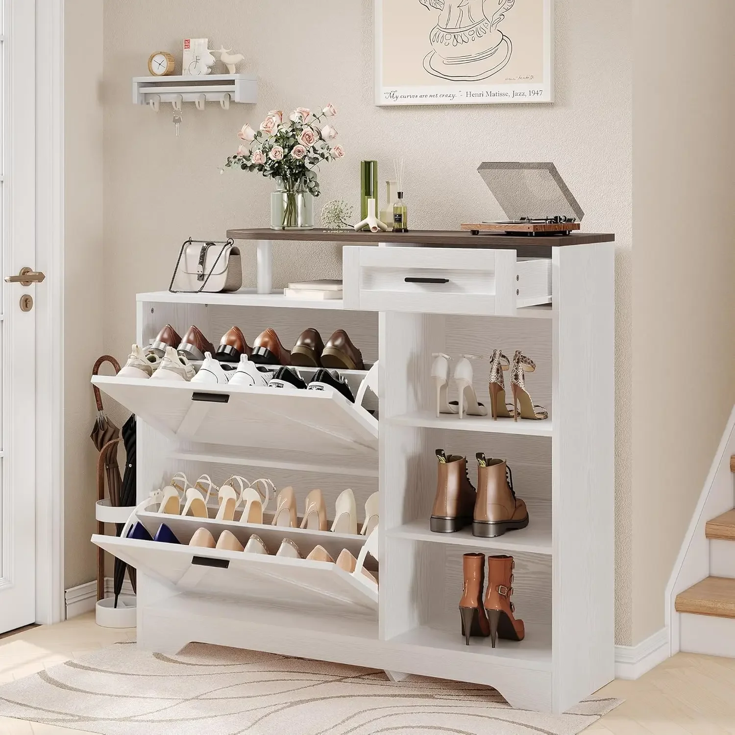 Shoe Cabinet with Flip Drawers Shoe Rack Storage Organizer for Hallway, Narrow Entryway Wood Cabinet with Adjustable Shelf,