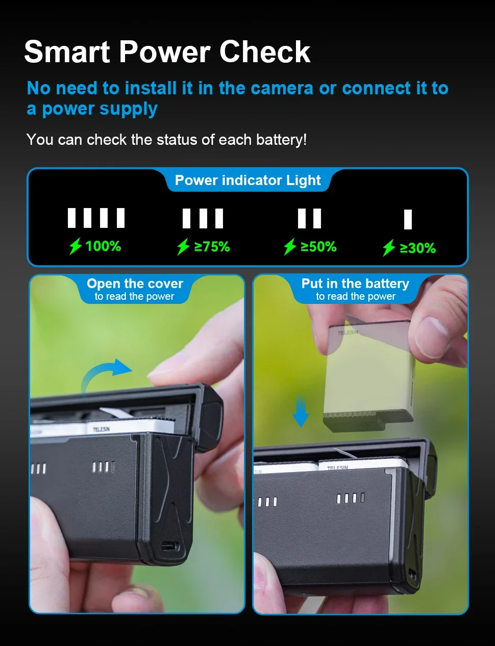 Description Picture 4 of itemTELESIN Portable Battery Charger for Gopro Hero 13 Black TF Card Storage 3-Slots Smart Charging Case Action Camera Accessories