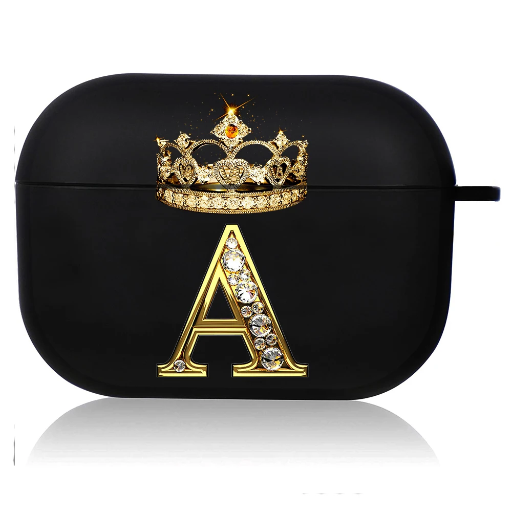 Elegant Diamond Crown Initial AirPods Case - Black Wireless Bluetooth Earphone Cover