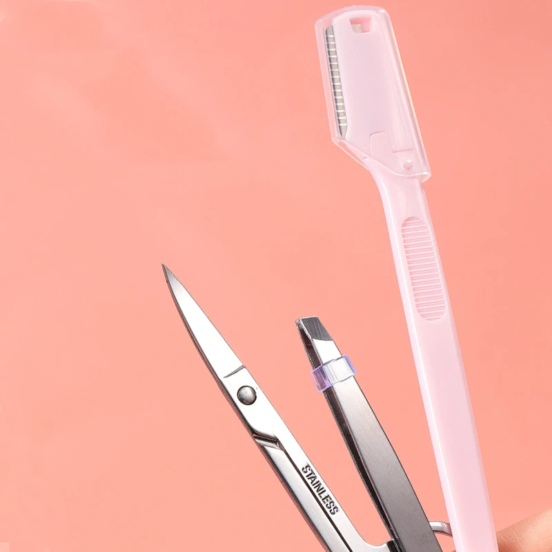 3-piece Set Makeup Tools Curved Blade Scissors,Trimmer ,Tweezers Beauty Stainless Steel Eyelash Eyebrow Nose Hair Remover Razor