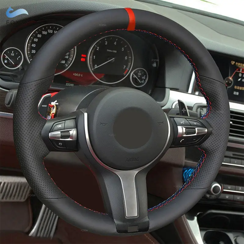 Für BMW M Sport F10 F12 F20 F30 F31 F32 F34 F45 F39 F48 F25 F26 F15 F16 Auto Lenkrad Leder Abdeckung rot blau linie rot streifen