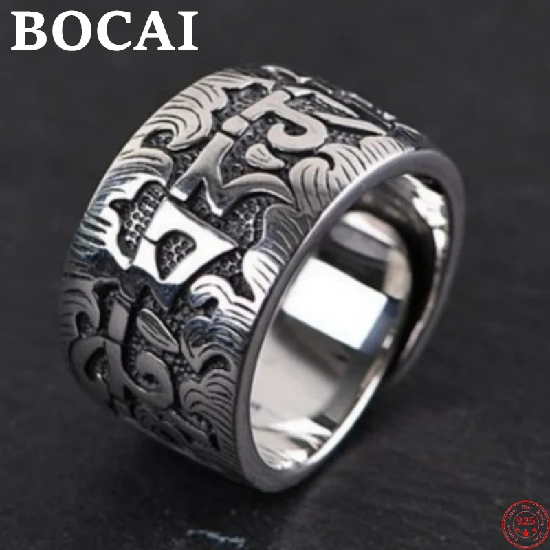 BOCAI S925 Sterling Silver Rings for Women Men 2022 New Fashion Retro Six Syllable Mantra Wide Adjustable Argentum Jewelry