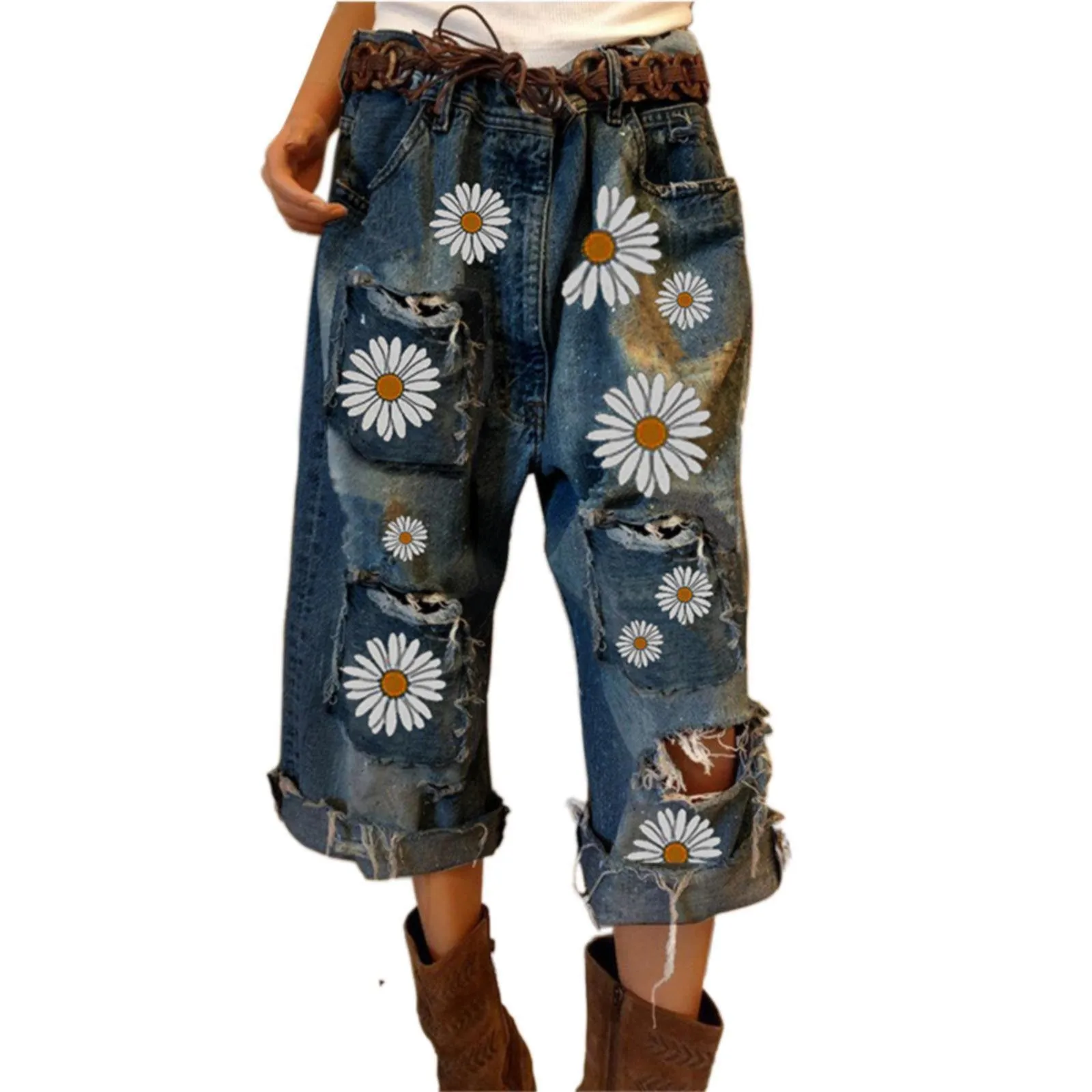 

Women's Fashion All Printed High Waist Ripped Denim Cropped Pants Jogging Sweatpants Daily Casual