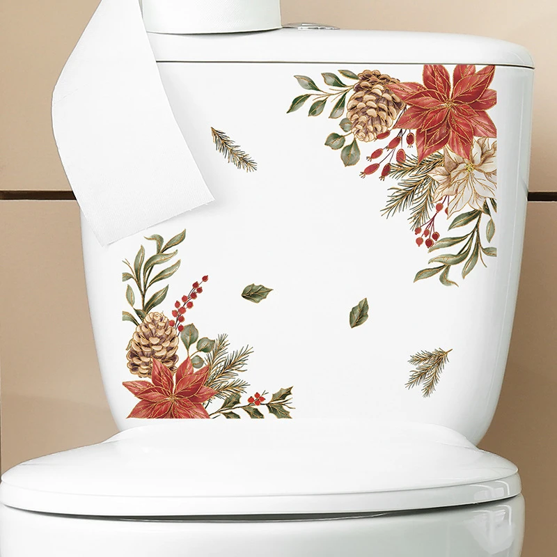 Christmas Toilet Sticker Cartoon Christmas Balls Holly Leaf Snowman Elk Wall Decals PVC Xmas Bathroom Commode Home Decoration vinyl stickers toilet stickers toilet wall stickers