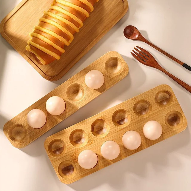 1 caja de almacenamiento de huevos creativa, bandeja de madera de bambú, caja de almacenamiento de huevos, soporte para huevos de desayuno para almacenamiento de cocina para refrigerador - Image 2