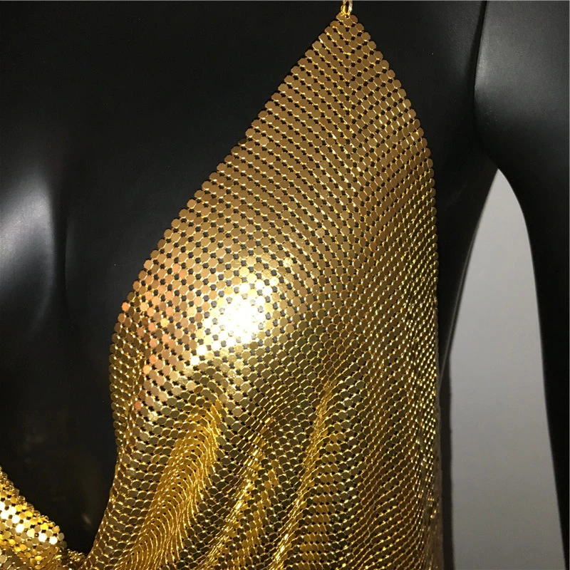 2023 New Summer Women Metal Sequin Tank Top Sexy Deep V Neck