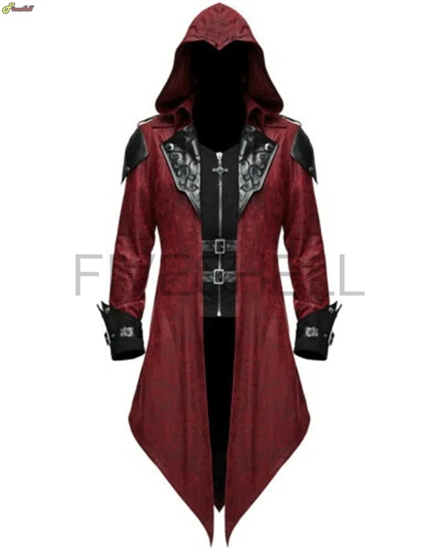 

Medieval Retro Hooded Clothing Men Long Sleeve Steampunk Gothic Swallowtail Jacket Halloween Cosplay Killer Uniform Costumes