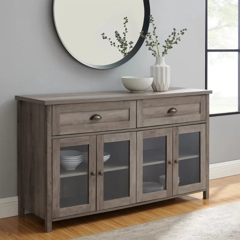 

Farmhouse Glass and Wood 4 Door Console Table, Grey Wash