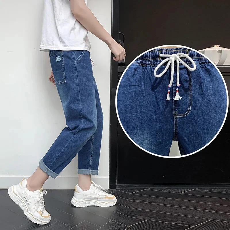 Summer Thin Fashion Men's Jeans 2024 New Korean Loose Straight Student Wide Leg Trendy Men's Elastic Waist Drawstring Pants
