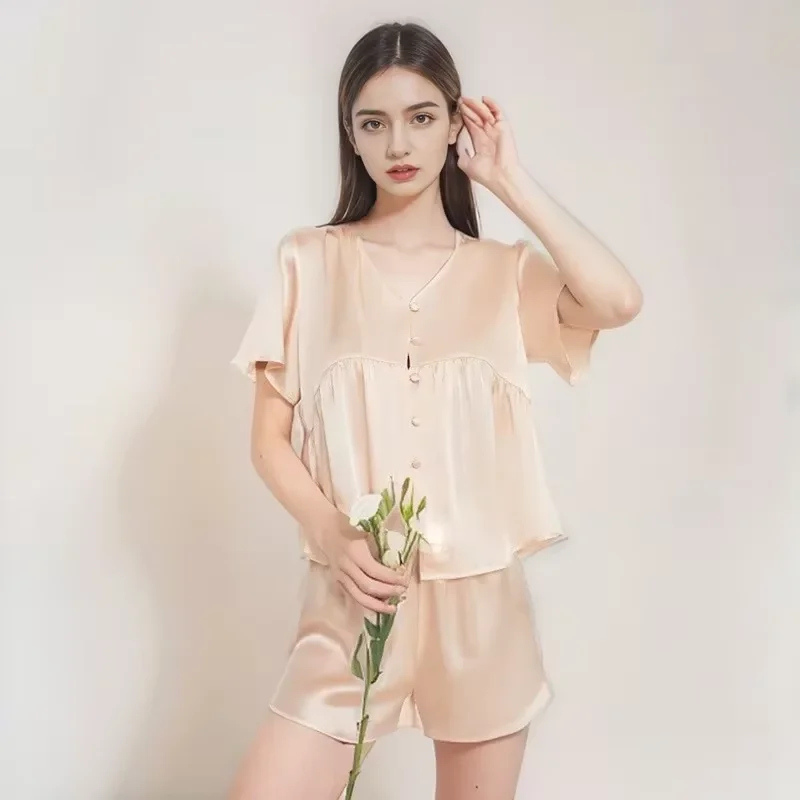 100% Silk Women Pajama Sleepwear V Neck Cardigan Shirt Pants