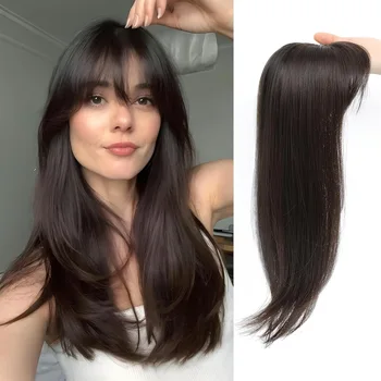 Parrucca sintetica da donna da 18 pollici con frangia, capelli lisci, effetto naturale, per capelli diradati