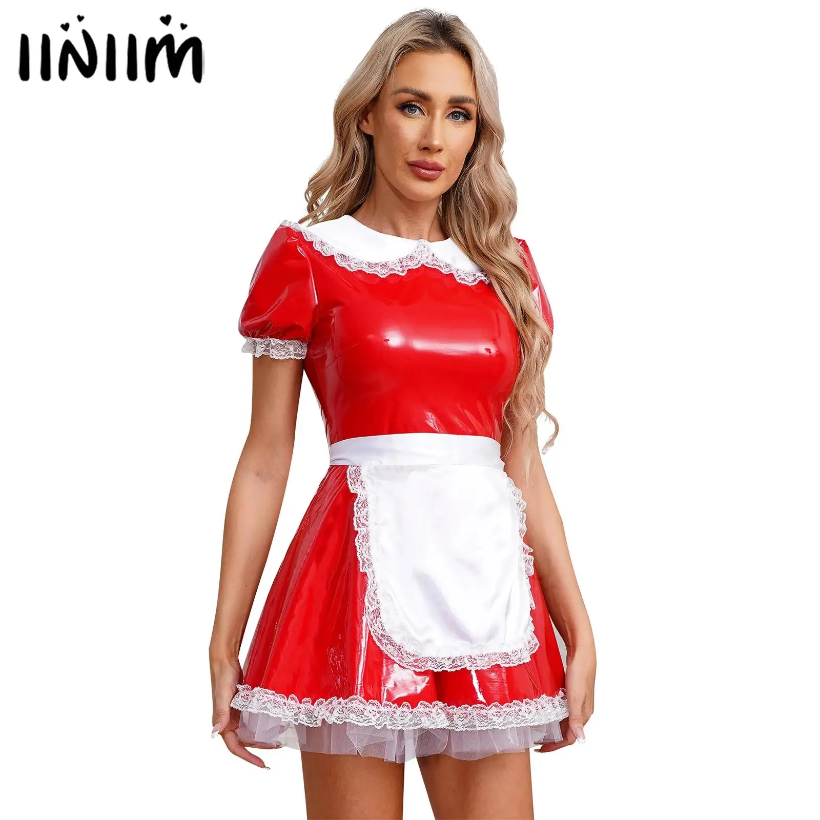 

Womens Servants French Maid Dress Cosplay Costume with Apron Doll Collar Puff Sleeve Ruffle Lace Patent Leather A-Line Dress