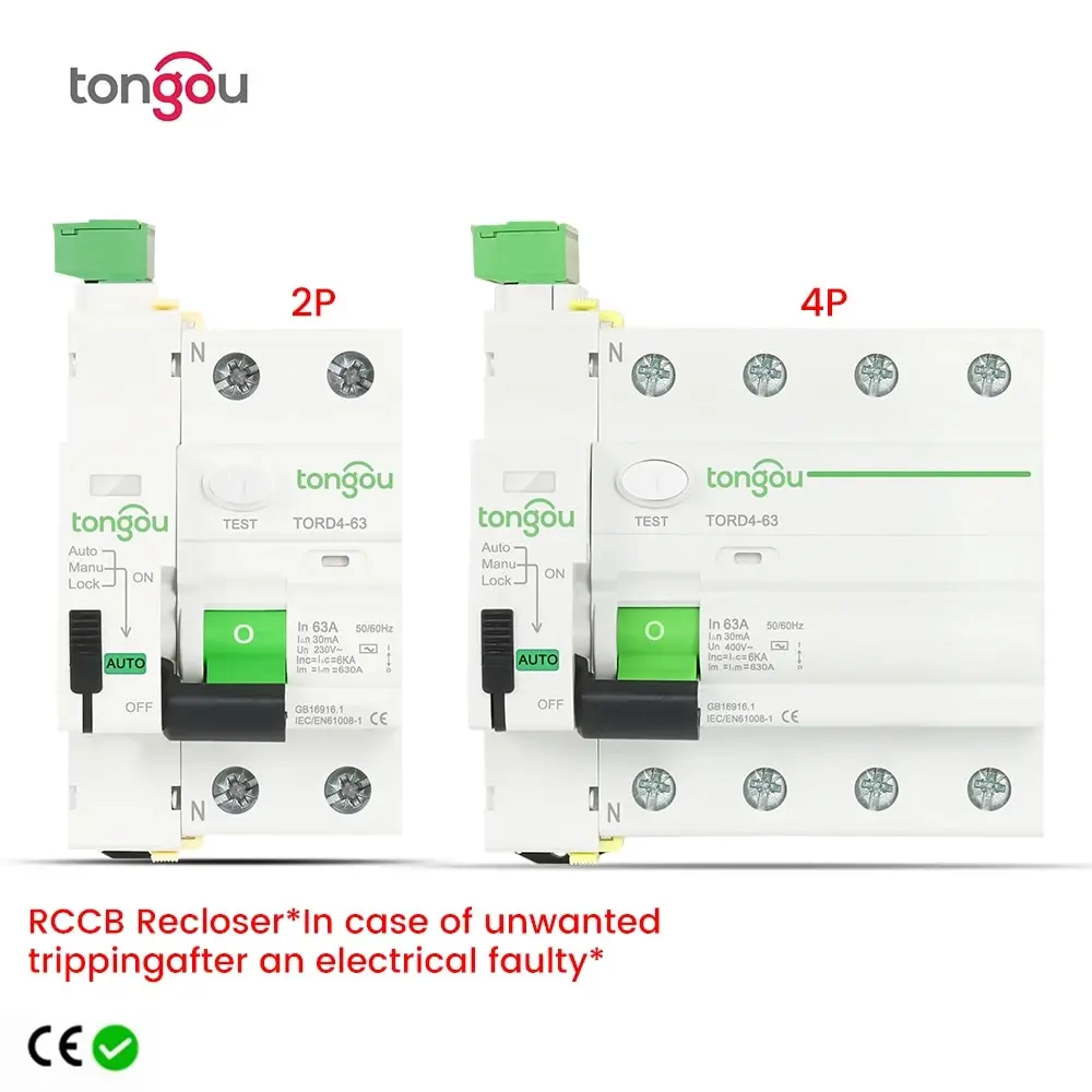 RCD RCCB 타입 AC 스마트 자동 재폐쇄 장치 차동 회로 차단기, 무료 배송, 2P 230V 6KA 63A 30mA TONGOU