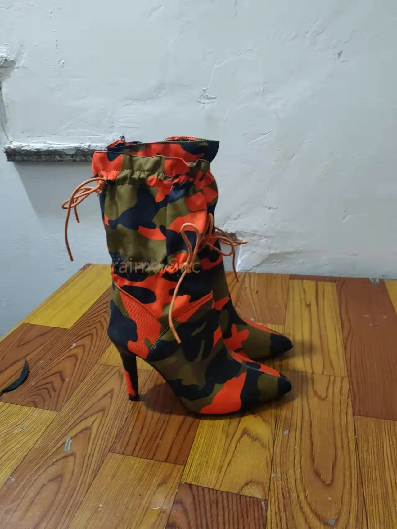 Women Stiletto Shoes Camouflage Elastic Band Mid Calf Boots Roman Style Thin High Heel Pointed Toe Boots Spring Autumn Ladies