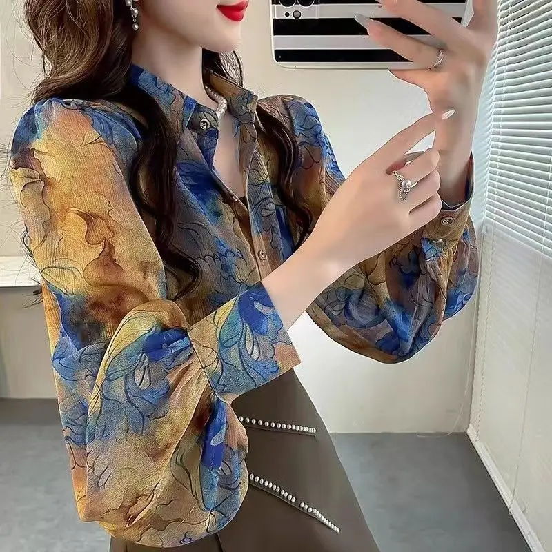 summer elegant fashion floral printing chiffon shirt female loose casual all-match blouse ladies lantern long sleeve vintage top