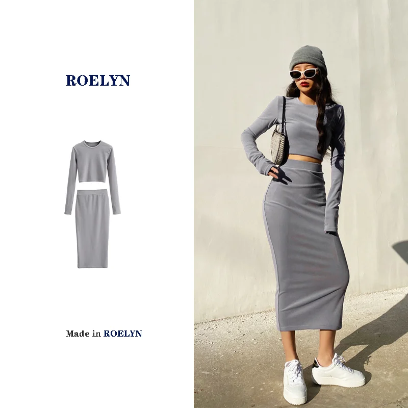 

ROELYN Spring and Autumn French Royal Sister Tight T-shirt Two Piece Set European and American Sweet Spicy Girl Wrap Hip Half Bo