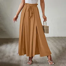  Women's Solid Color Trousers Elastic Belt Wide Leg High Waist Long Culottes vetement femme джинсы женские 2022 тренд брюки штаны 