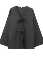 XNWMNZ Women's Fashion 2024 Texture V-neck Tie Kimono Shirt or Elastic Mid Waist Pants High Street Female Two Piece Set - Image 3