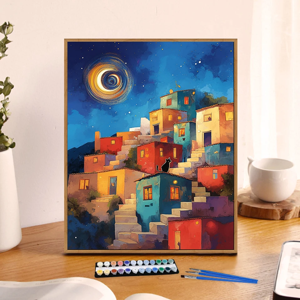 Description Picture 4 of itemPainting By Numbers Moonlight Houses and Cat Anniversary gift on Digital Painting Canvas Acrylic Paint Image Digital Coloring