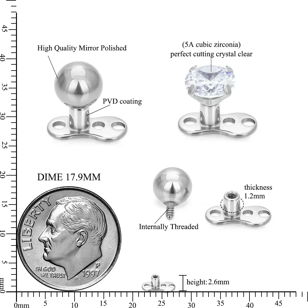 10Pcs F136 Titanium Microdermal Surface Internally Threaded Gem Ends Dermal Skin Diver Hide Medusa Piercing Body Jewelry