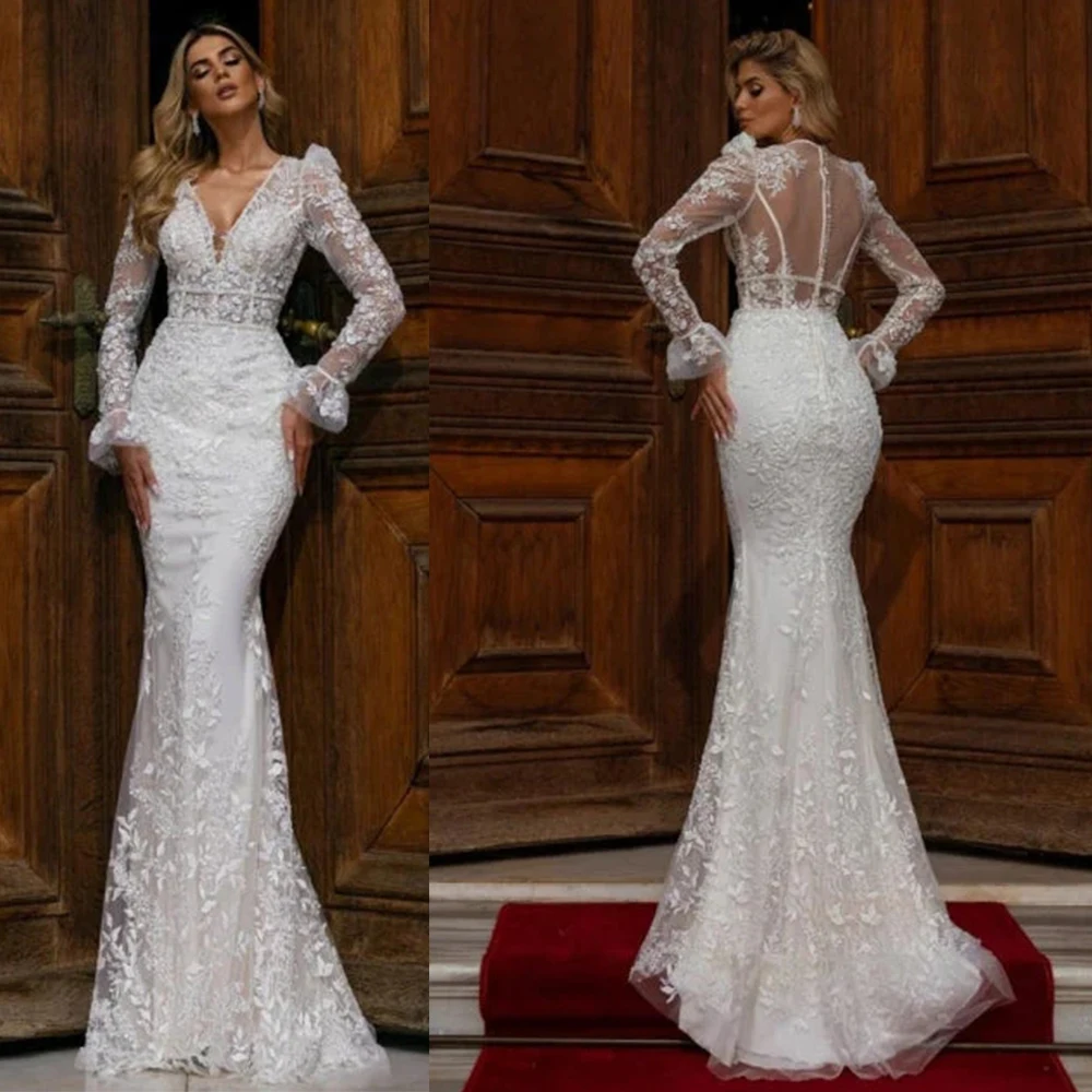 

Luxurious Summer Sexy Deep V-neck Long Sleeves Mermaid Wedding Dresses Elegant Simple Beautiful Lace Appliques Bridal Gowns Lace