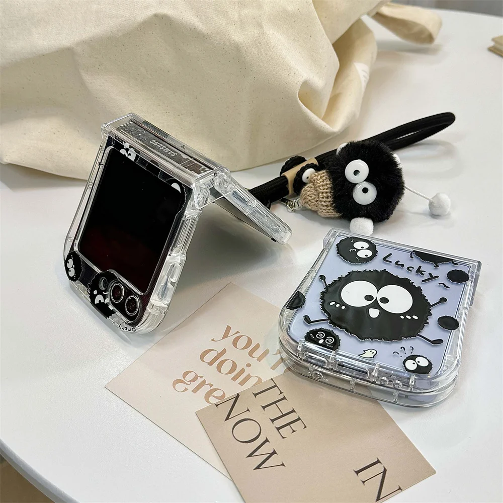 Adorable Coal Ball Plush Lanyard Phone Case with Airbag Frame and Hinge 3-in-1 Cover