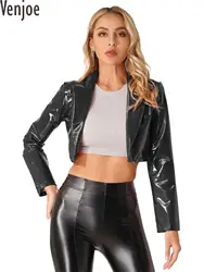 Womens Wet Look Patent Leather Jacket Top Lapel Long Sleeve Punk Latex Cropped Coat for Party Club Music Festival Streetwear