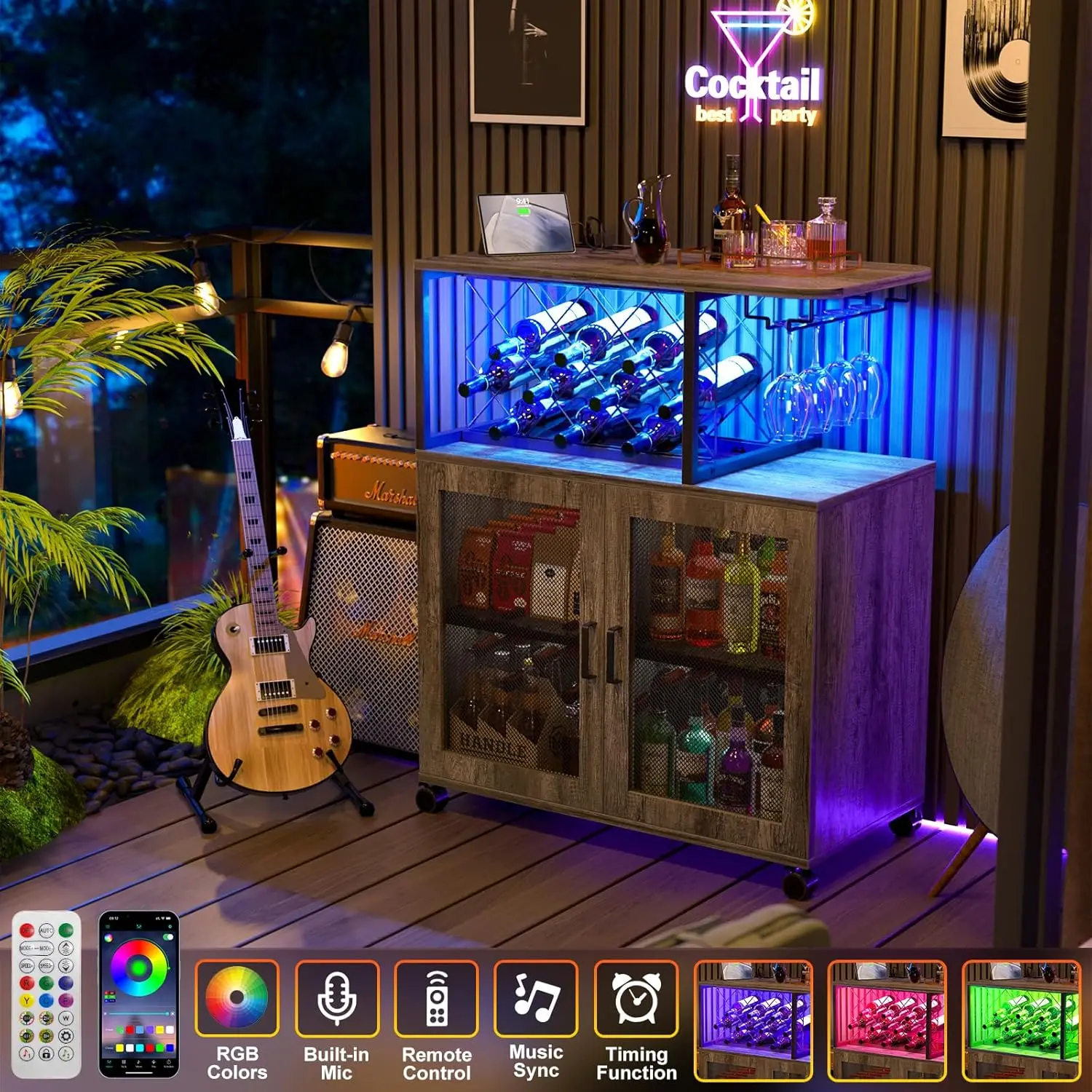 Small Bar Cart with Wheels, Liquor Cabinet with LED Light, Wine Bar Cabinet Power Outlets, Home Mini Wine Rack