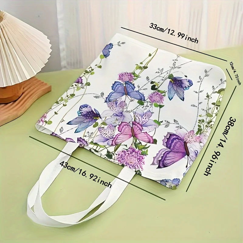 Flower butterfly printed tote bag, reusable fashionable backpack, multifunctional handbag, printed canvas shopping bag