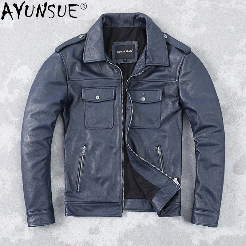 

AYUNSUE New Autumn Genuine Leather Jacket Men Casual Real Cowhide Coat Male Short Black Jackets Casaco Masculino SQQ764