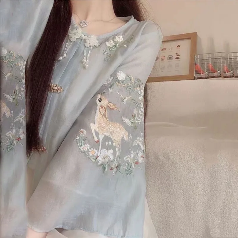 New Maternity Chinese Style Suit Pregnant Women Tang Costume Set Embroidered Buckle Top Half Skirt Set 2-piece LH029