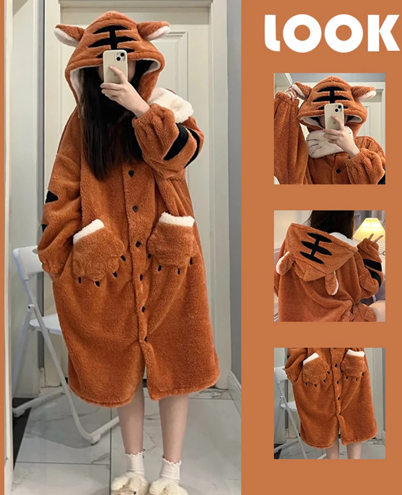 Tiger Bathrobe Soft Hooded Robes Cute Women's Pajamas Nightgown Flannel Kimono Bath Robe for Girls Animal Sleepwear For Winter