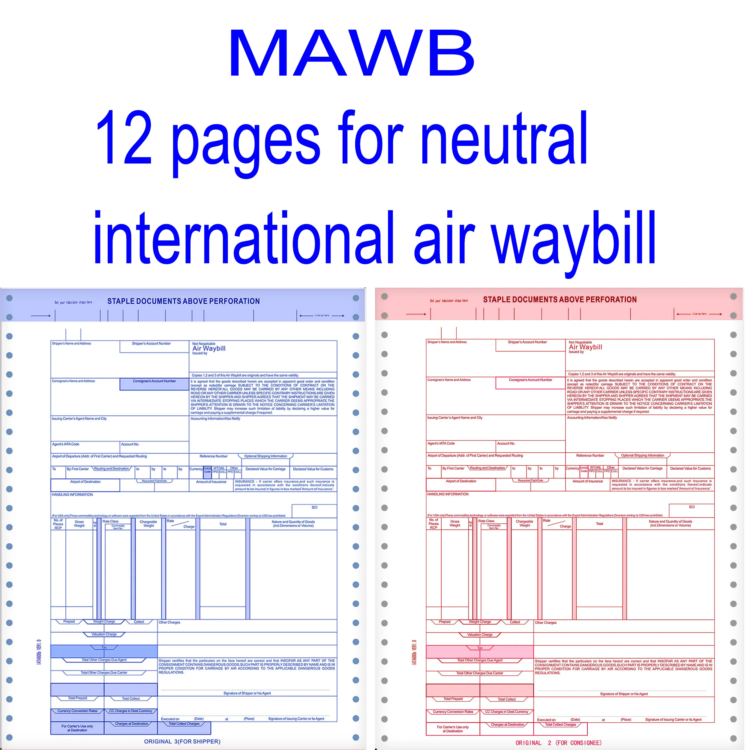 MAWB Neutral 12 for Air Waybill stock, continuous forms for air freight carriers airline transport logistics papers ,15 sets