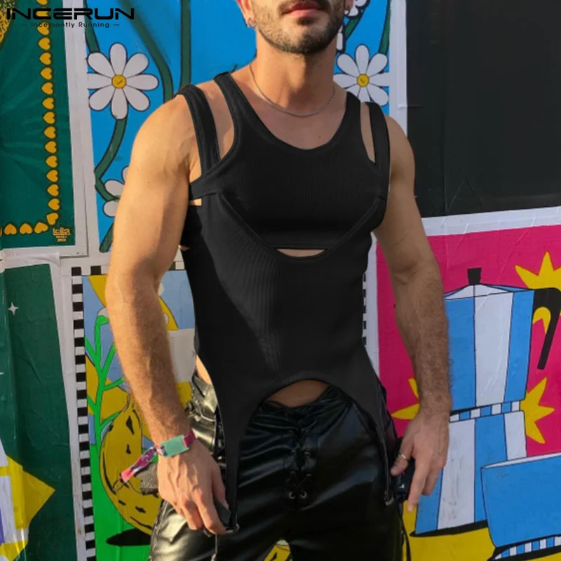 Description Picture 5 of itemINCERUN Tops 2024 Personality Men's Irregular Hem Vests Casual Streetwear Deconstruction Design Solid Sleeveless Tank Tops S-5XL
