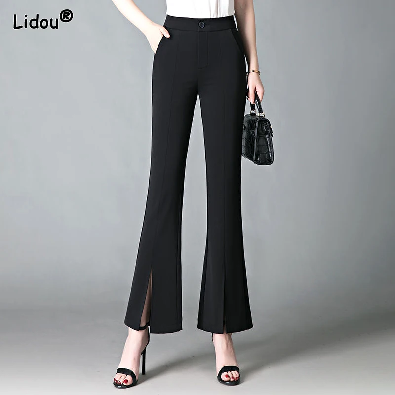 High Waist Fashion Casual Korean Solid Color Pockets Boot Cut Pants Temperament Office Lady Intellectual Women's Clothing 2023 intellectual notched loose blazers solid color cardigan creative temperament office lady elegant casual women s clothing thin