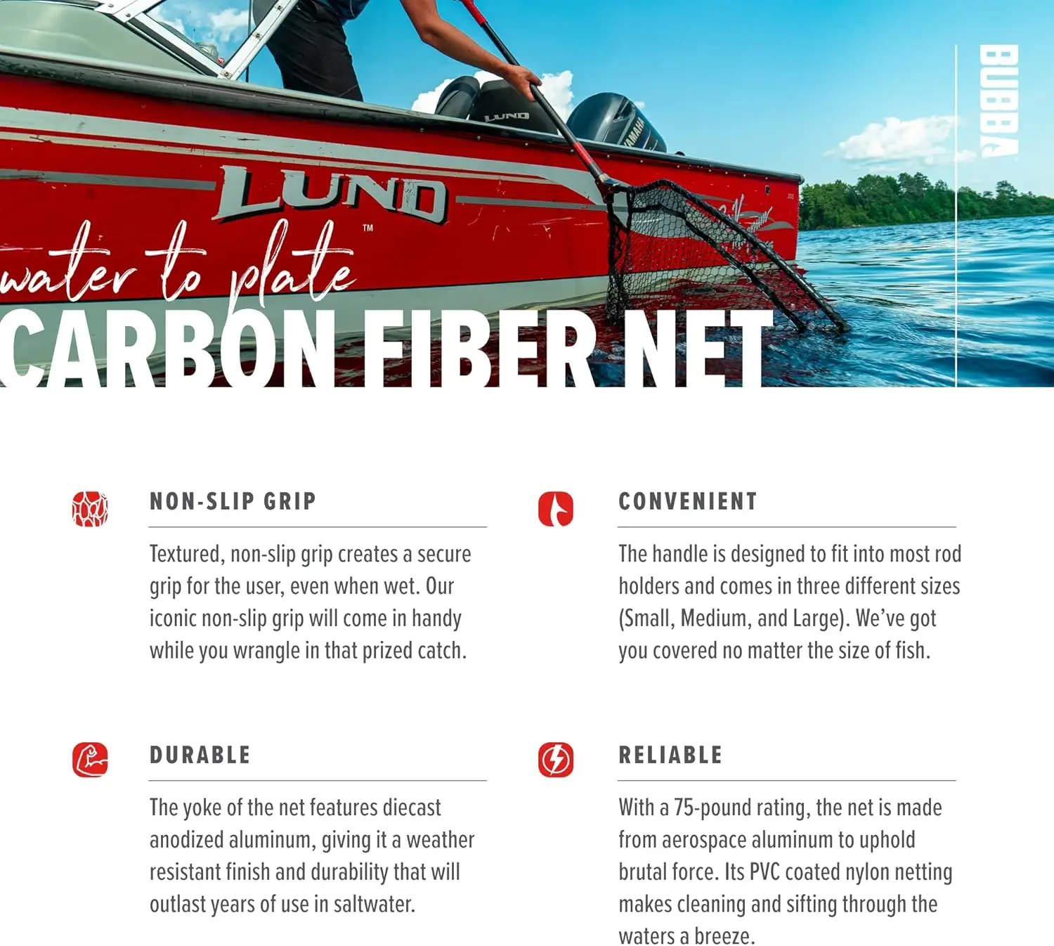 BUBBA Landing Nets with Corrosion Resistant Construction, Non-Slip Grip Handle and Carbon Fiber Shafts for Fishing, Angling, Boa