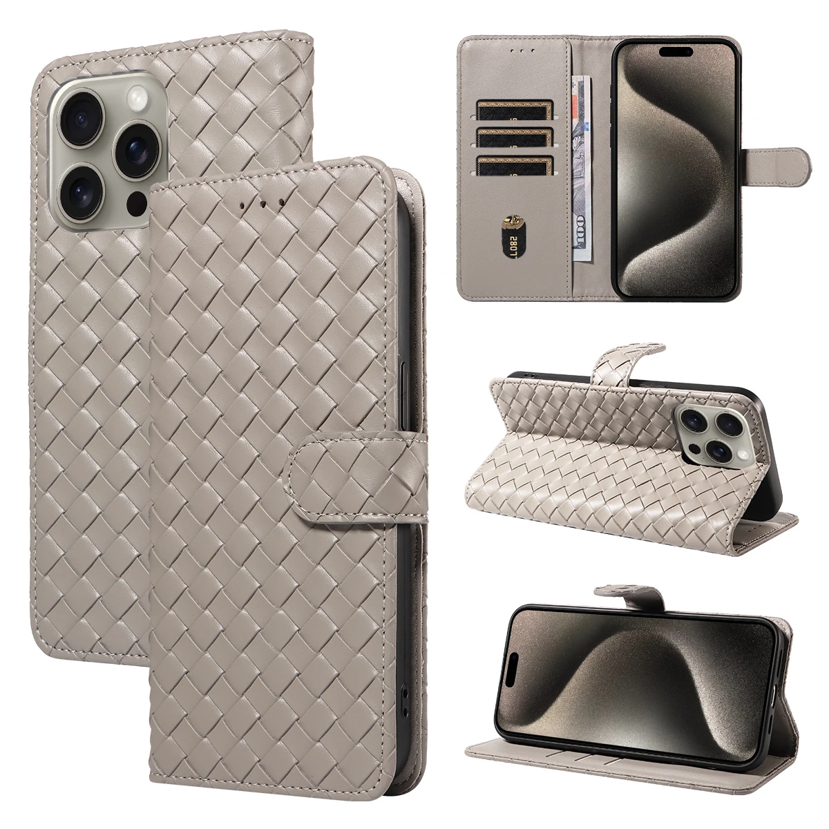 Woven Design PU Leather Shockproof Phone Case with Stand Cover