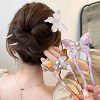 Korean Sweet Butterfly Pearl Hair Sticks Bun Acetate Hairpins U Shaped Hair Fork Headwear for Woman Girl Trendy Hair Accessories